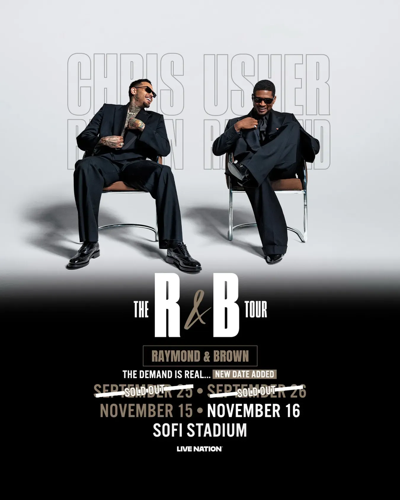 Chris Brown and USHER promotional artwork for The R&B Tour at SoFi Stadium on November 15 and 16, 2026